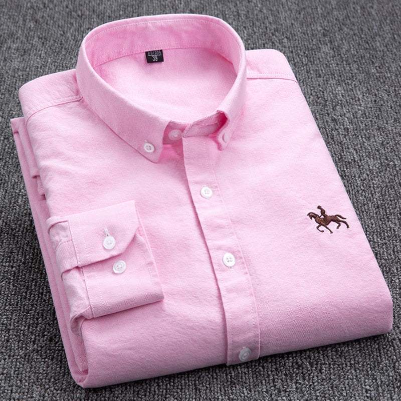 Cotton Oxford Shirt Men's Long Sleeve Embroidered Horse Casual