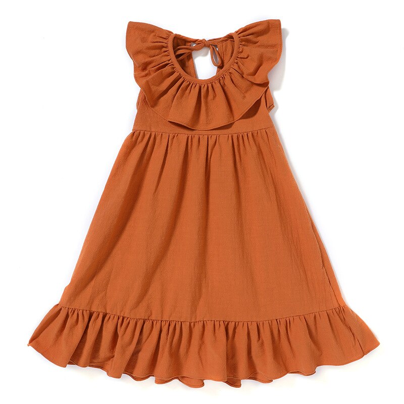 Girls Dress Summer Solid Color Cotton Linen Ruffles A-Line Princess Long Dresses