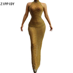 Full Gold Rhinestones Transparent Mesh Long Dress Women Birthday Celebrate