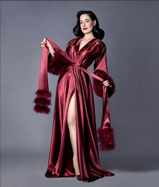 Burgundy Bathrobe for Women Feather Full Length Lingerie Nightgown Pajamas