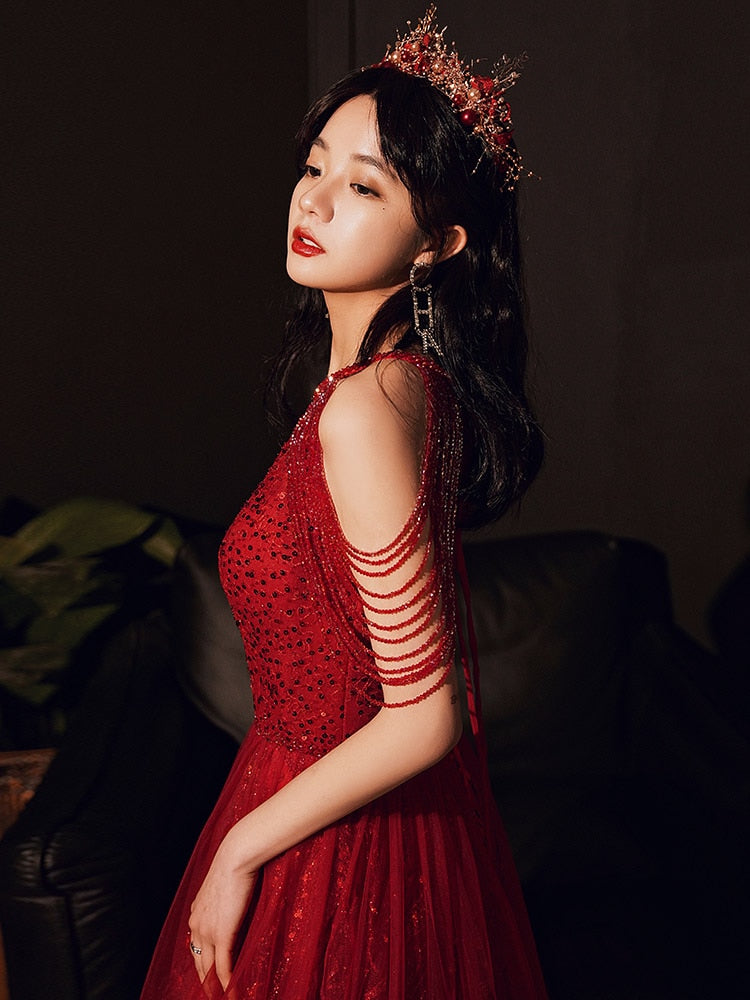 Evening wear Dresses: Sequins Evening Dress Banquet Elegant Halter Red