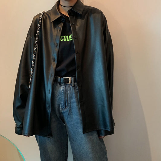 Women oversized PU leather blouses Spring Autumn Black