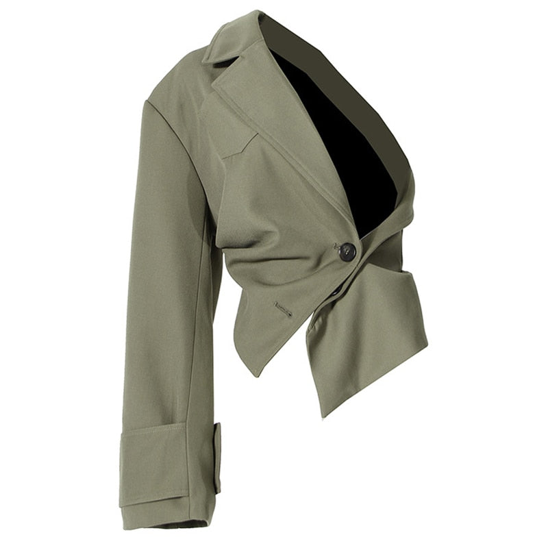 Women Green Irregular Big Size Trench Lapel Long Sleeve Loose
