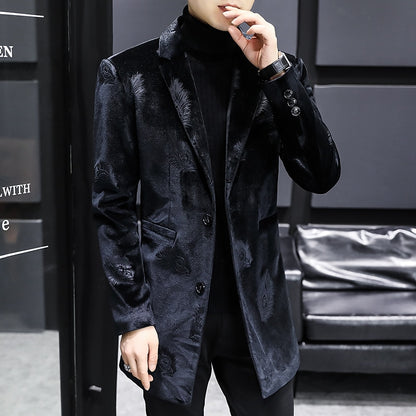 Winter Velvet Wool Blends Jacket Men Fashion Slim Long Casual Business