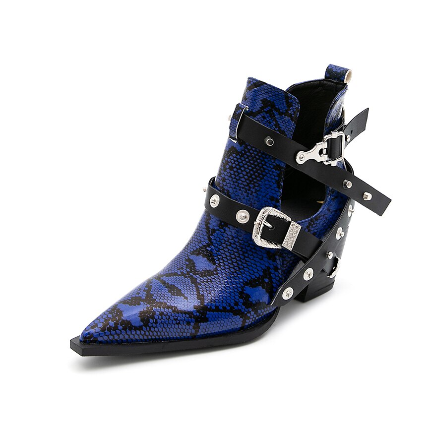 Motorcycle Western Cowboy Boots Women Snake PU Leather Short Cossacks