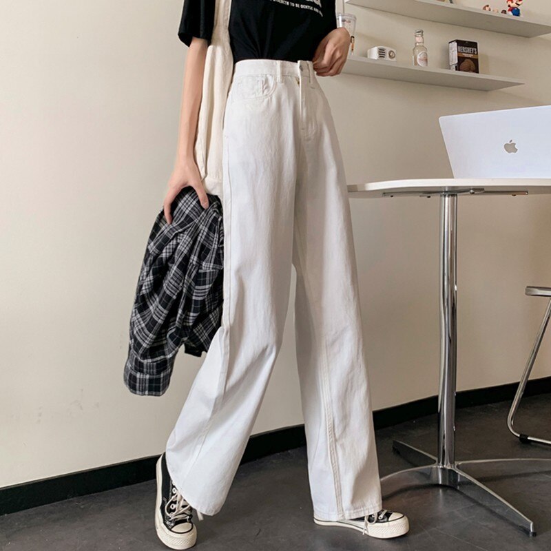 Women White Casual Jeans Autumn Korean Style All-match Loose High Waist