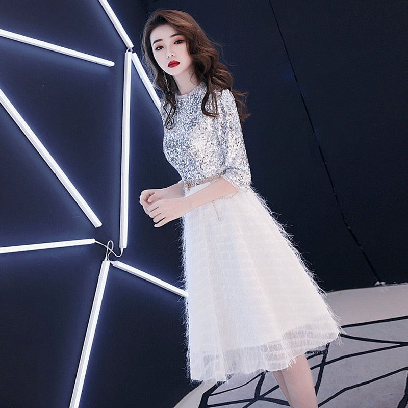 Homecoming Dresses: Prom Dresses Sparkling O-Neck Women Party Sliver White