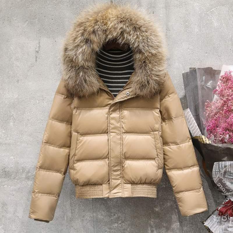 Winter Real Raccoon Fur Feather Jacket Women Hooded Slim White Down