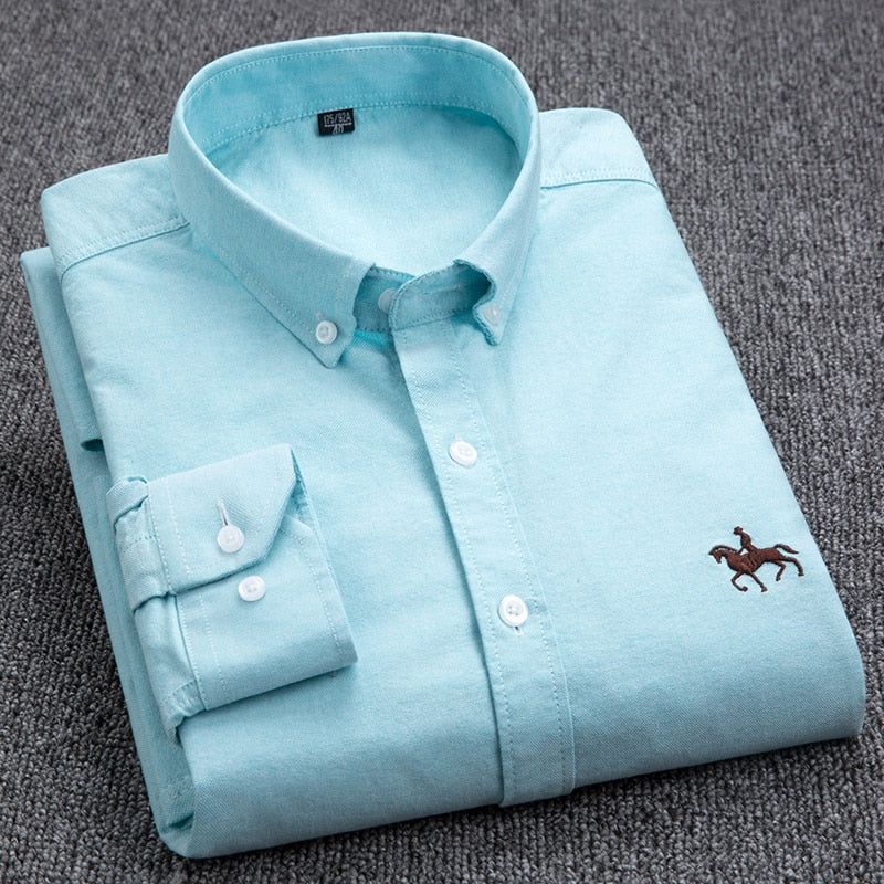 Cotton Oxford Shirt Men's Long Sleeve Embroidered Horse Casual