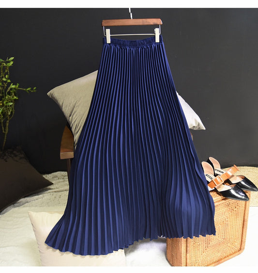 Womens Vintage Pleated Midi Long Skirt Female Korean Casual High Waist Chiffon