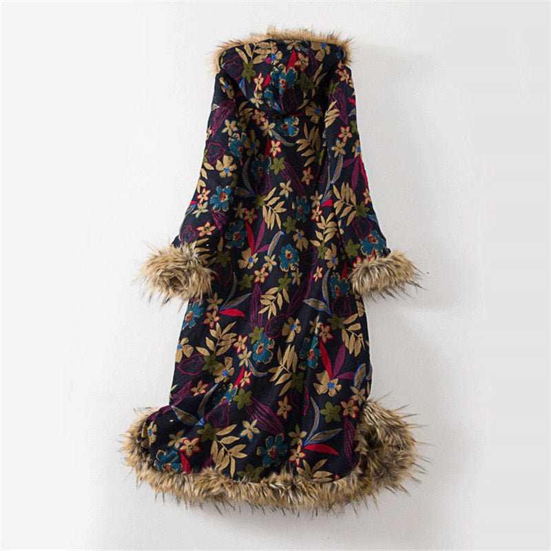 Ethnic Style Winter Coat Fur Collar Long Dust Coat Windbreaker Cotton Linen