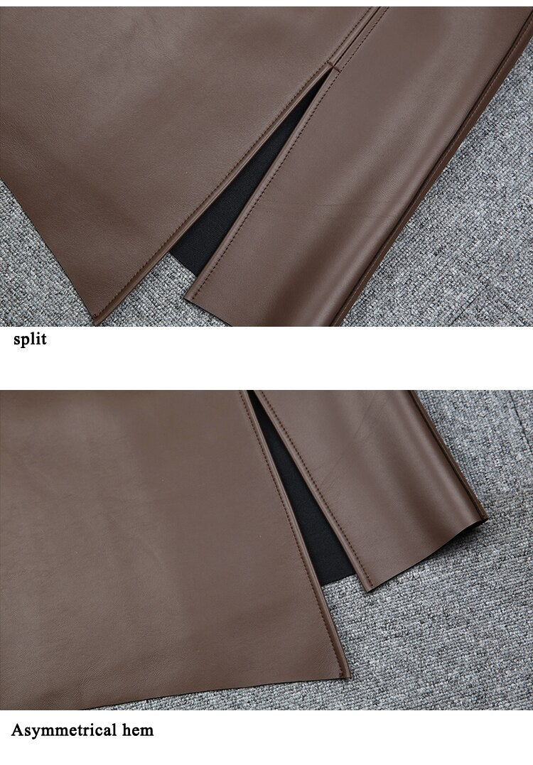 Skirt With Slit Women Elegant Genuine Leather High Waist OL Knee Long Split Jupe