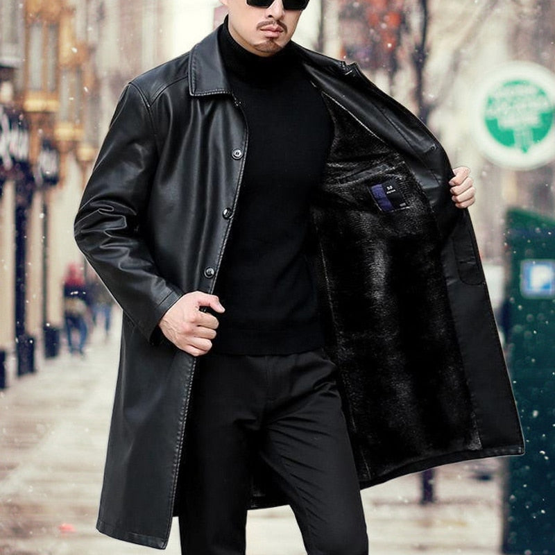 Trench Coats Men Leather Trench Coat Casaco Masculino X-Long Trench Jackets