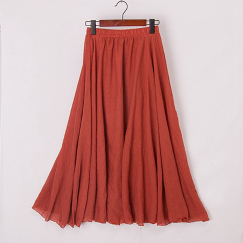 Cotton Linen Maxi Skirt Womens Casual Elastic High Waist Pleated