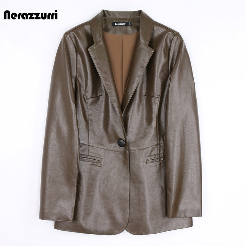 Spring Autumn Black Leather Blazer Women Single Button Slim Fit