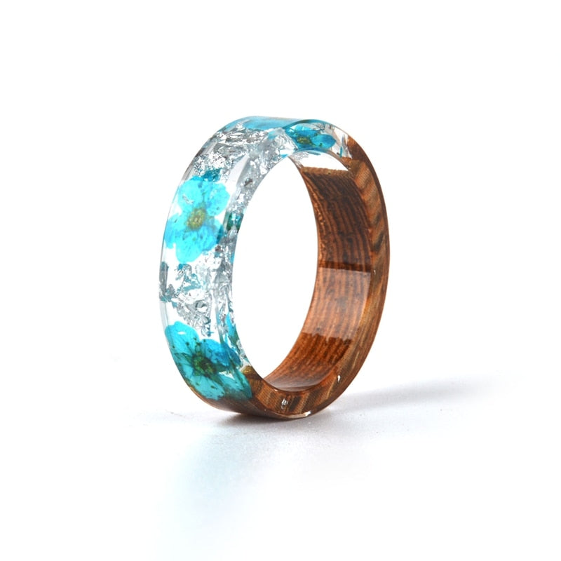 Wood Resin Ring Transparent Epoxy Resin Ring Fashion Handmade Dried Flower