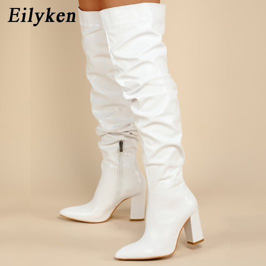 Over-the-Knee Boots Square Heel Punk Solid Color High Heel Zipper Shoes