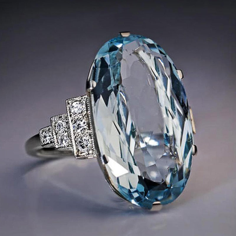 Female Light Sky Blue Wedding Ring Solitaire Band Oval Stone Engage Party