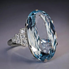 Female Light Sky Blue Wedding Ring Solitaire Band Oval Stone Engage Party