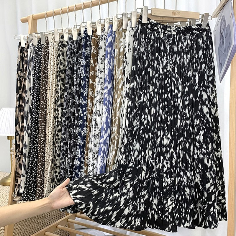 Fashion Elegant Vintage Leopard Print Pleated Skirt Elastic High Waist Long