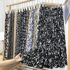 Fashion Elegant Vintage Leopard Print Pleated Skirt Elastic High Waist Long