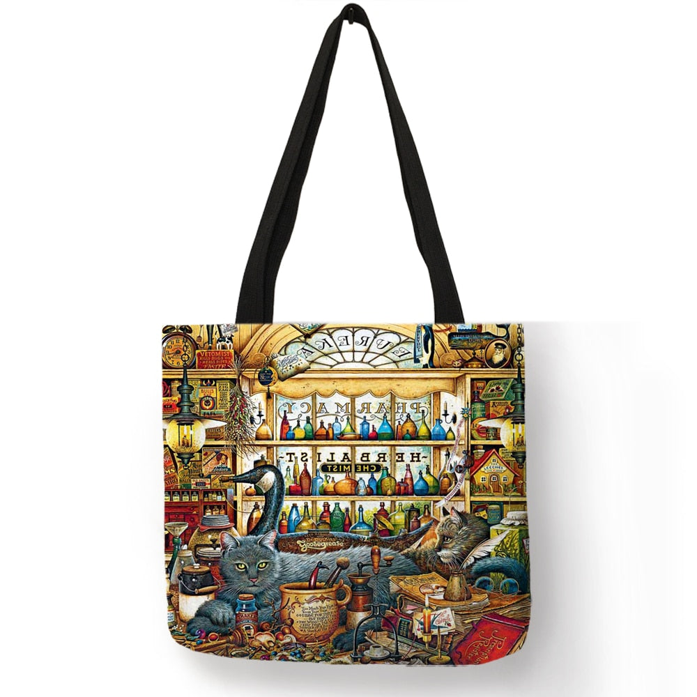 Customize Oil Painting Cat Print Womens Designer Tote Bags Linen