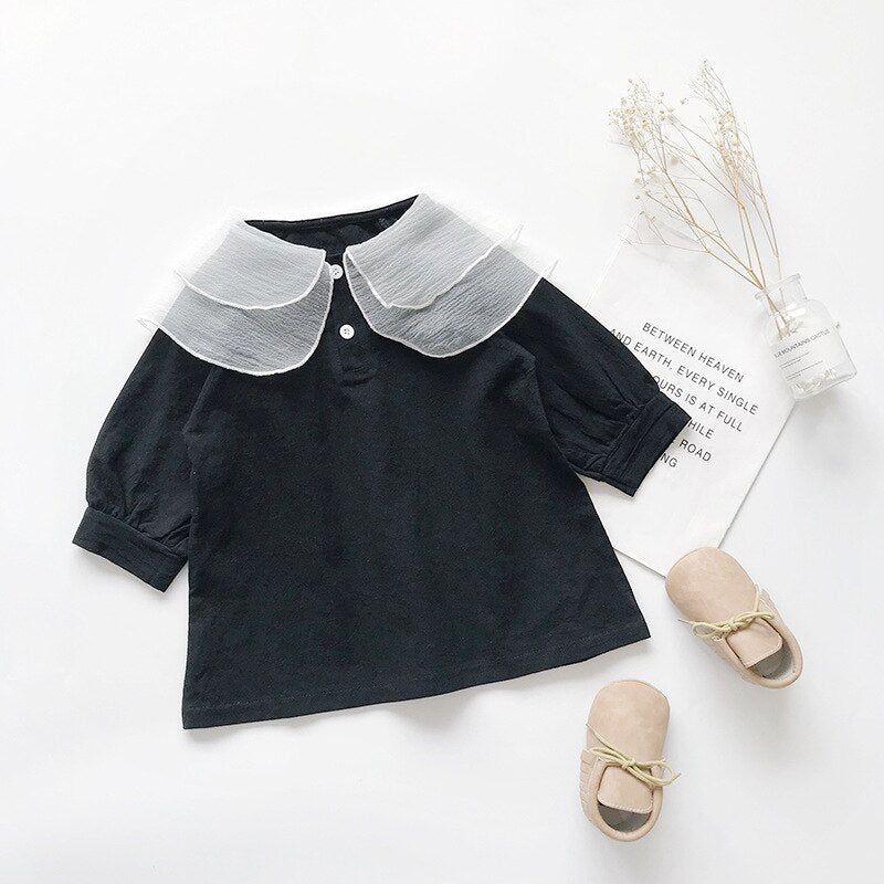 Girls Dress Autumn Big Mesh Lapel Sweet Lantern Sleeve Dress Children Baby Kids