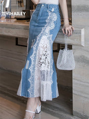 Fashion Long Maxi Denim And Lace Fishtail Skirt For Women S-2XL Mermaid Style