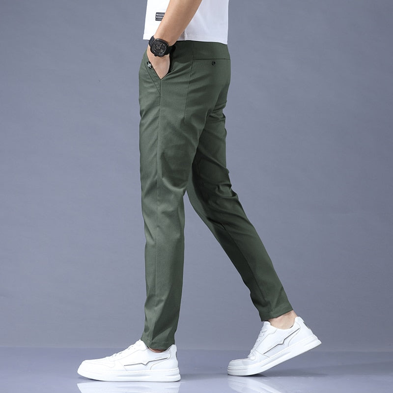 Spring Summer Pants Mens Stretch Korean Casual Slim Fit Elastic Waist