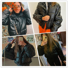 Winter Thick Warm Short Parkas Women Fashion Black PU Leather Coats