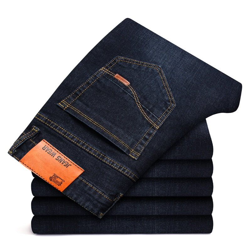 Classic Style Men Black Blue Regular Fit Jeans Business Casual Stretch Denim Pants