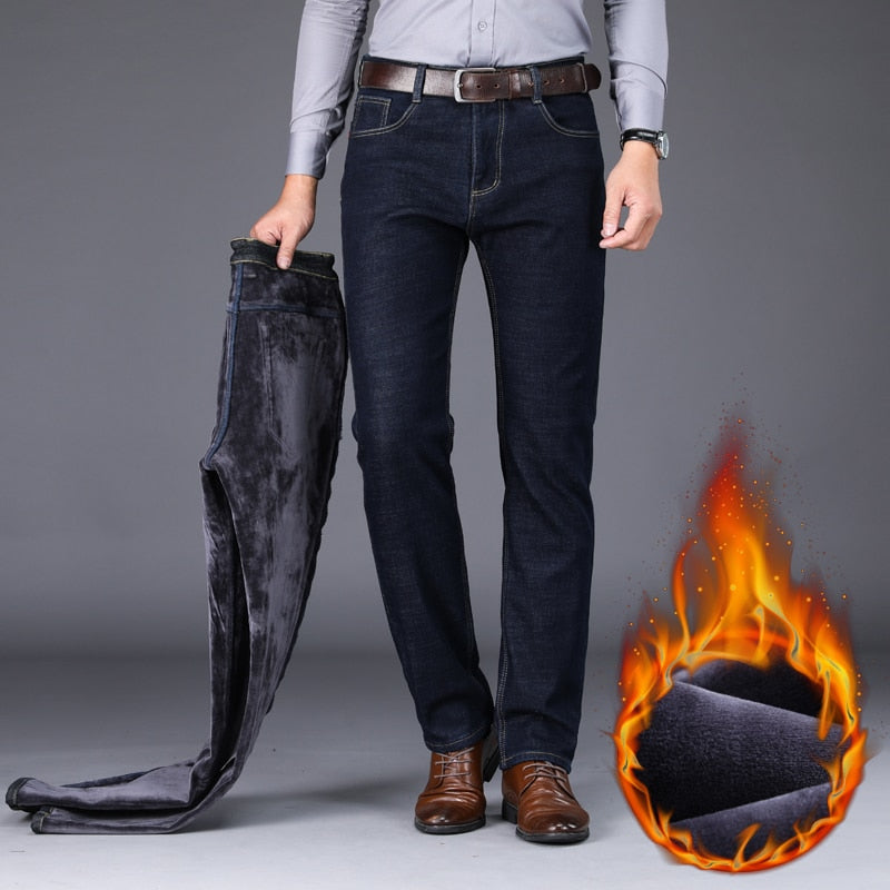 Men's Warm Slim Fit Jeans Business Fashion Thicken Denim
