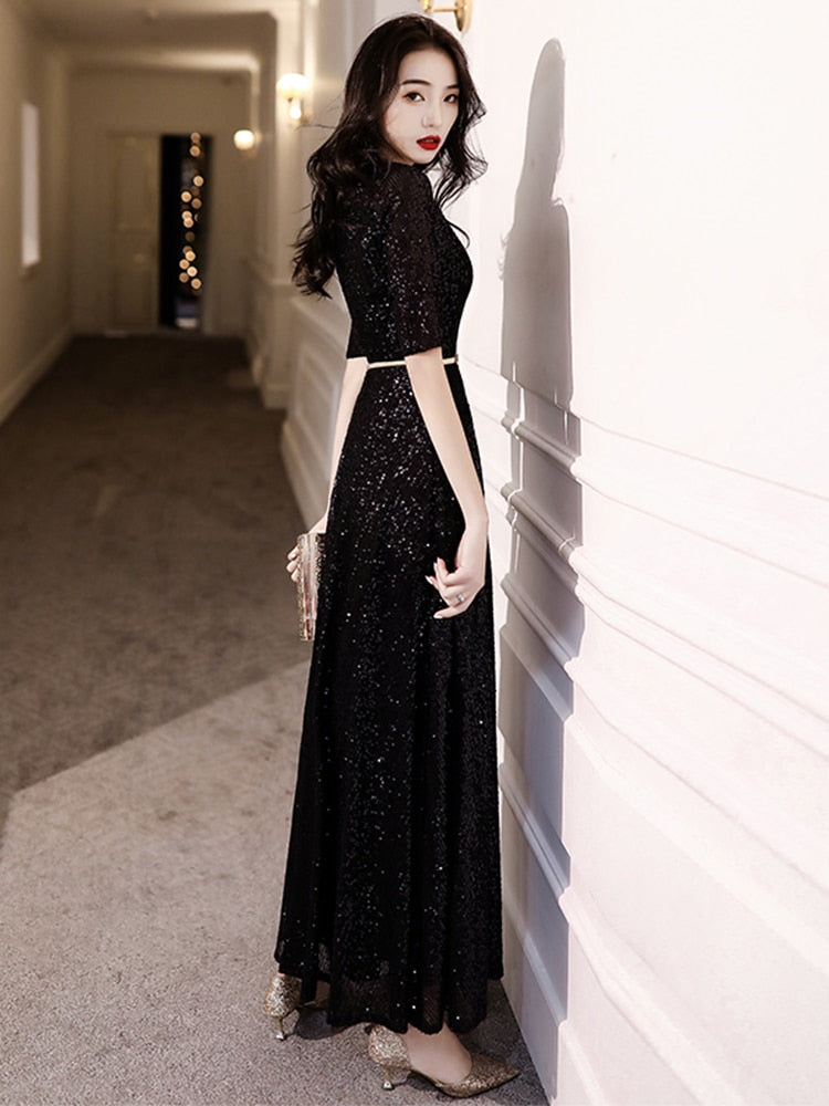 Evening wear Dresses: Black Long Evening Dresses Elegant O Neck  A Line Formal Dress