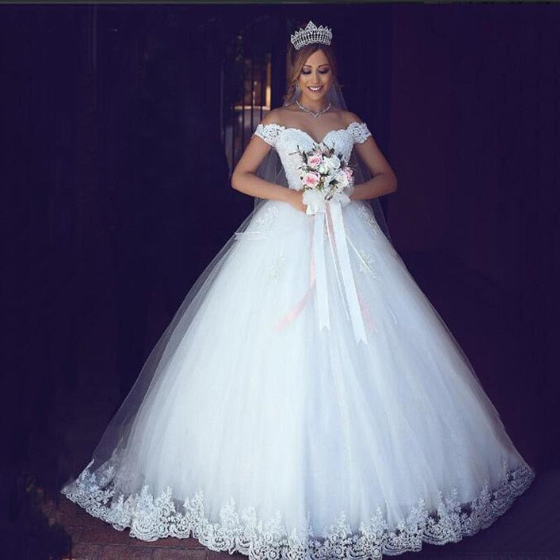 White Bridesmaid Dresses: White Ivory Lace Appliques Ball Gown Off The Shoulder