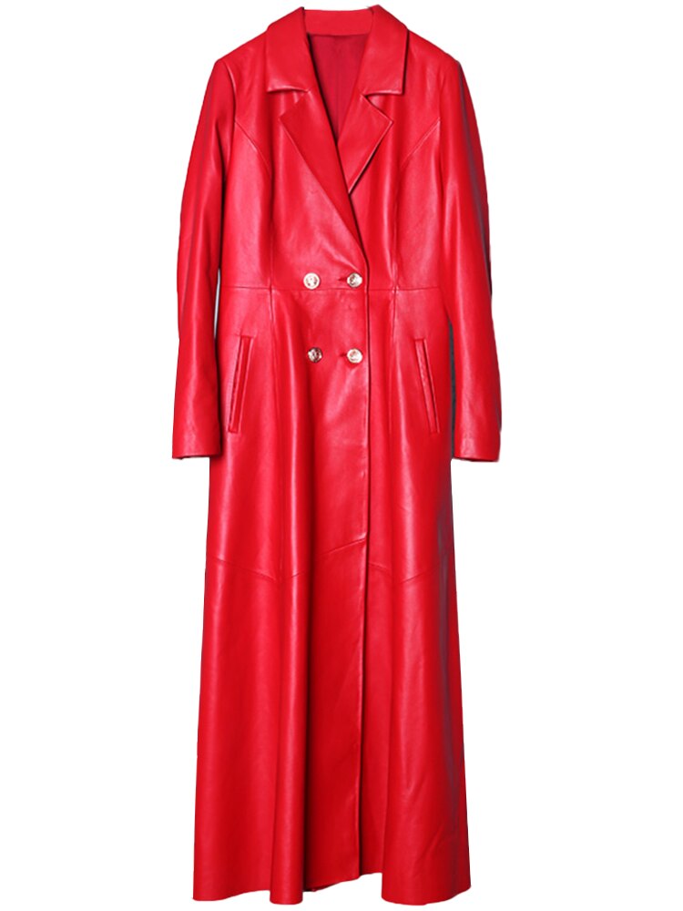 Autumn Long Skirted Red Black Faux Leather Trench Coat for Women