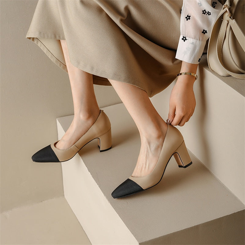 Women Genuine Leather Thick Heels Pumps Square Toe High Heel 6cm