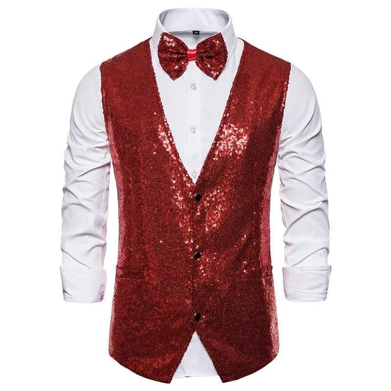 Shiny Gold Sequin Sparkling Waistcoat Men Slim Fit V Neck 2 Pieces Mens Vest