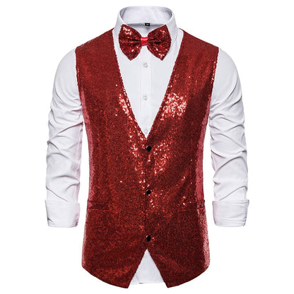 Shiny Gold Sequin Sparkling Waistcoat Men Slim Fit V Neck 2 Pieces Mens Vest