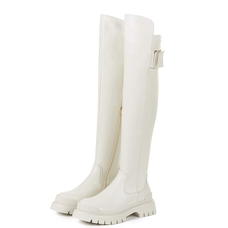 cow leather platform thigh high boots round toe casual