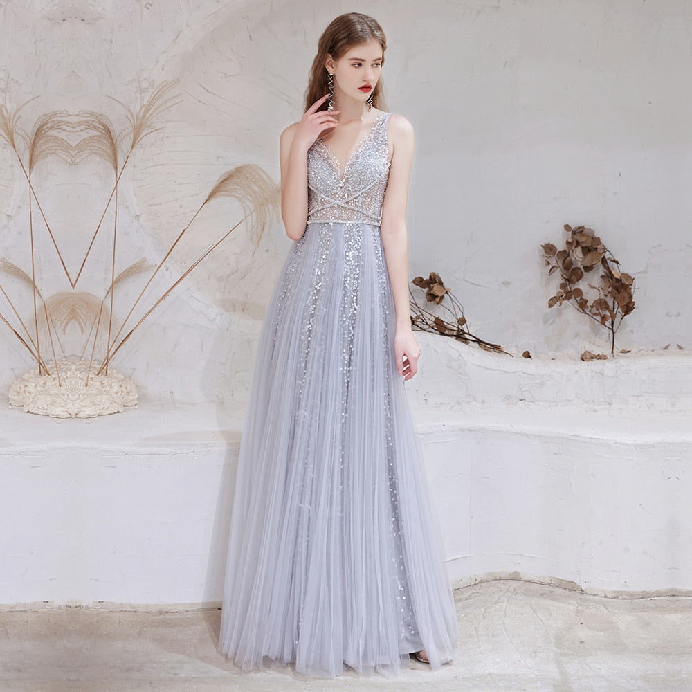 Evening wear Dresses: Evening Dresses with Detachable Shawl Silver Grey