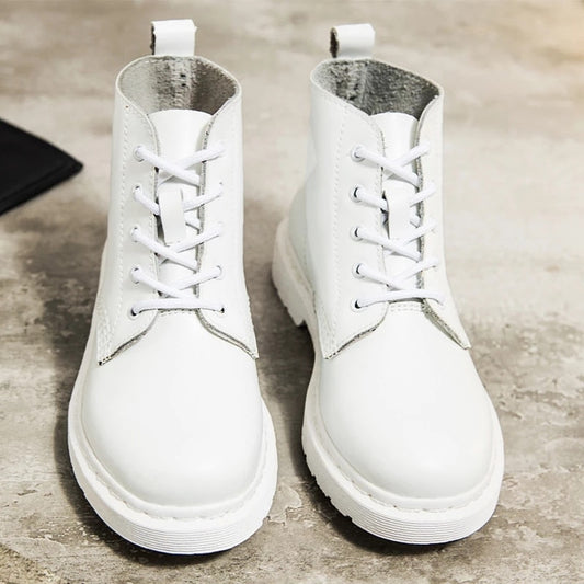 Genuine Leather Boots Women White Ankle Boots Motorcycle Boots Female