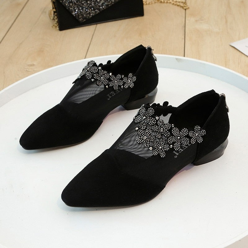 Sandals for Women Retro Rhinestone Sandals Women Elegant Flower Square Heel