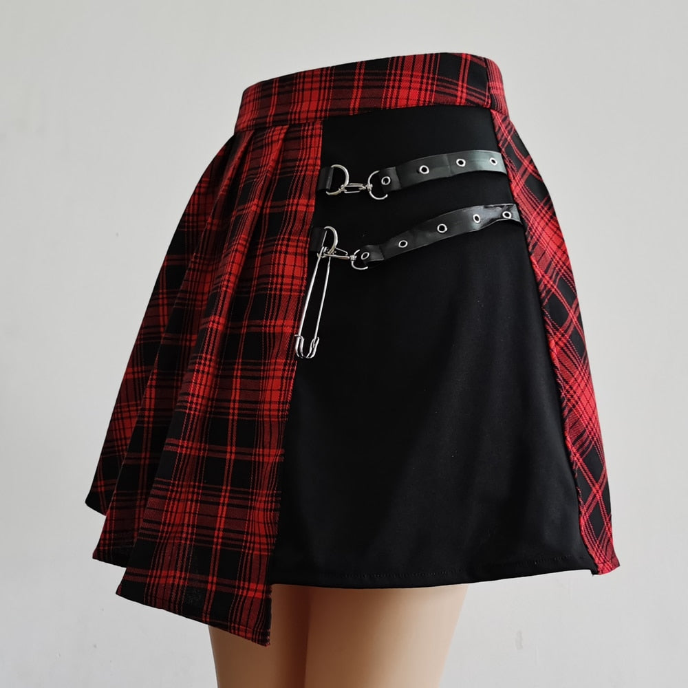 Womens Harajuku Punk Irregular Mini Pleated Skater Skirt Asymmetric Cutout High
