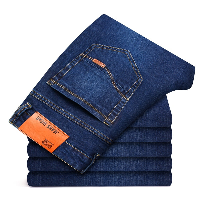 Classic Style Men Black Blue Regular Fit Jeans Business Casual Stretch Denim Pants
