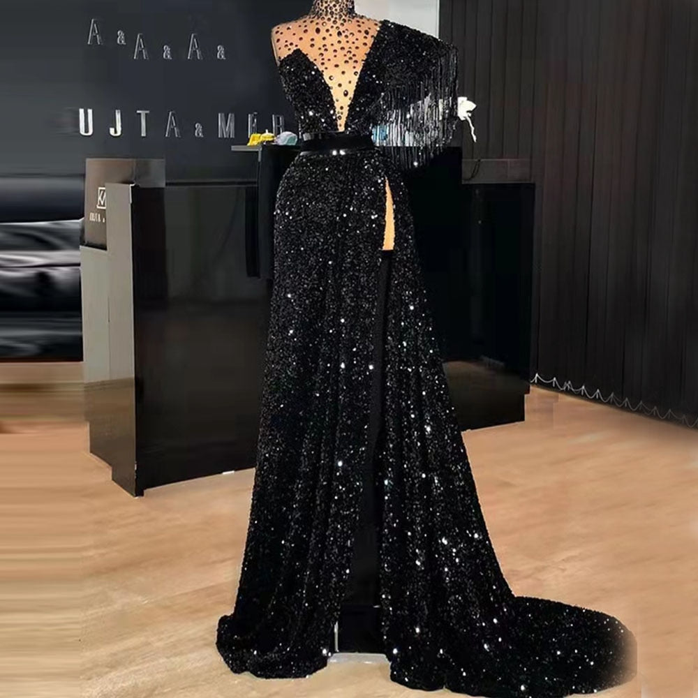 Evening wear Dresses: Crystal High Neck Cocktail Dresses With Tassel Cap