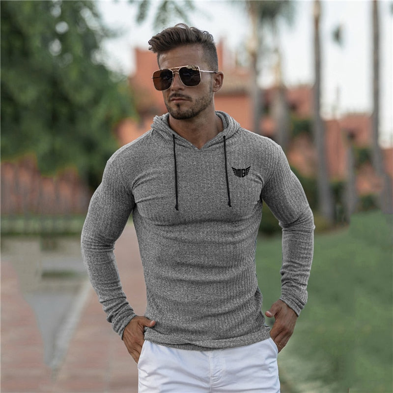 Fashion Knitted Hooded T-shirt Men Pit Stripe Slim Fit Thin Sweaters Mens