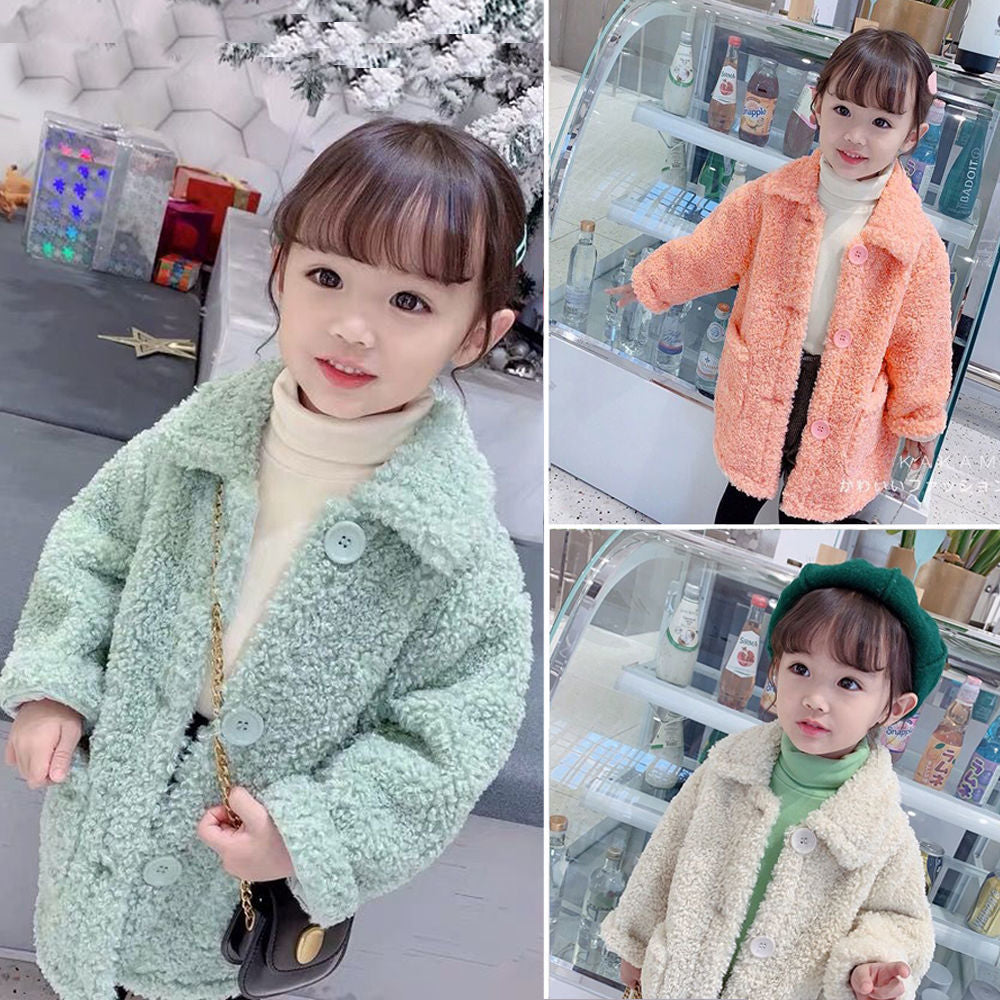 Children Lambswool Coat Baby Turndown Collar Thicken Warm Jacket Girls