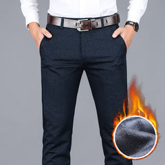Men's Warm Casual Pants Business Fashion Fleece Thick Plaid Trousers