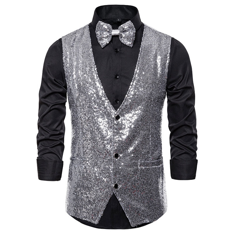Shiny Gold Sequin Sparkling Waistcoat Men Slim Fit V Neck 2 Pieces Mens Vest