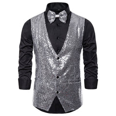 Shiny Royal Blue Sequin Dress Vests Men Slim Fit V Neck Glitter Tuxedo Waistcoat